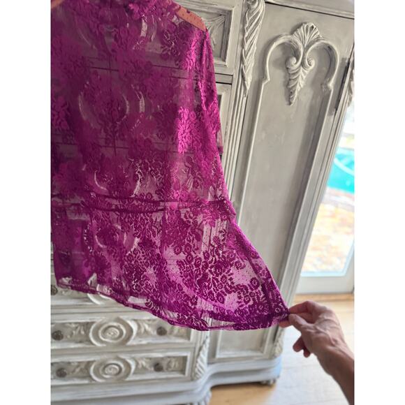 Ethereal Purple Lace Top Sz 22/24 Romantic Sheer Floral Mock Neck Fairy Blouse - Picture 3 of 9